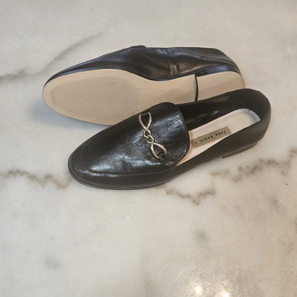 Zara Black Leather Loafers with Gold Accent - Picture 5 of 7